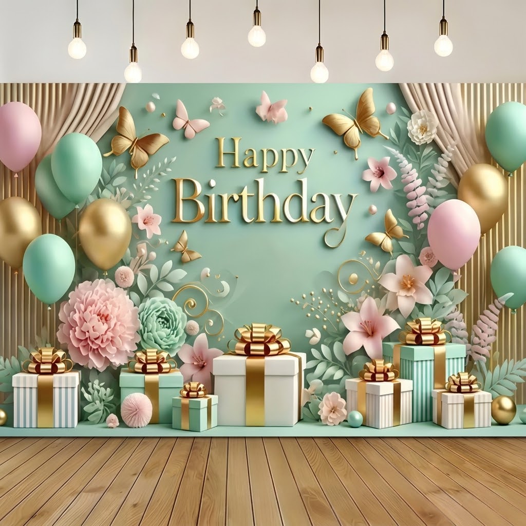 Background Textil pentru Aranjament Happy Birthday 210x130 cm (COD 441B) Background decorativ pentru fundal foto din material textil premium, tematica aniversara, fundal verde menta cu text auriu Happy Birthday, flori 3D, fluturi aurii, baloane si cadouri, 210x130 cm.