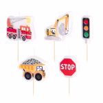 Set 5 Lumanari Tort Auto si Constructii Set 5 lumanari pentru tort in forma de masini de constructii excavator basculanta masina de pompieri si semne de circulatie