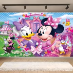 background textil minnie mouse Background textil pentru panou foto cu personajele Minnie Mouse si Daisy Duck, intr-un decor vesel cu inimioare si buticul de fundite.