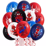 Set format din 12 baloane din latex in culorile rosu albastru bleumarin alb si negru imprimate cu diverse ipostaze ale eroului Spiderman si simbolul paianjenului alb