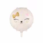 Balon rotund din folie in nuanta ivory ilustrand chipul unei pisici adormite cu urechi roz mustati aurii si o fundita aurie