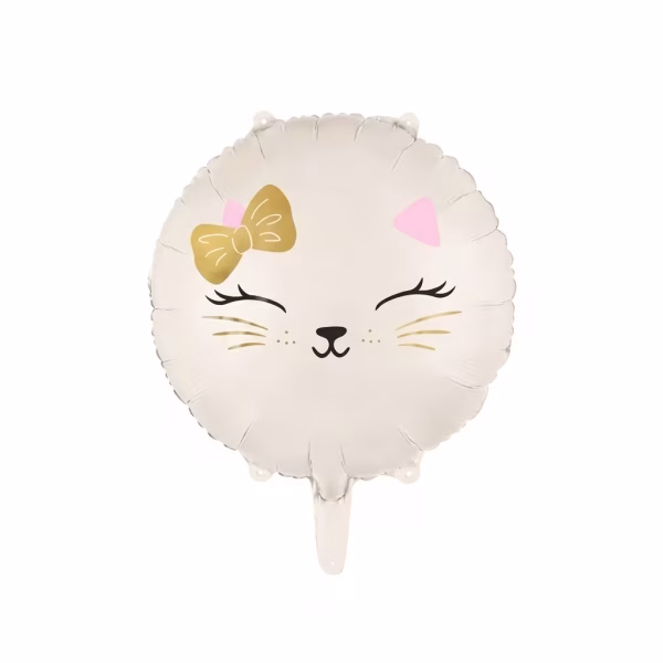 Balon rotund din folie in nuanta ivory ilustrand chipul unei pisici adormite cu urechi roz mustati aurii si o fundita aurie
