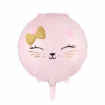 Balon Folie Pisica Roz 45 cm Balon din folie metalizata pentru petreceri, dimensiune 45 cm. Designul ilustreaza chipul unei pisici in nuanta roz pastel, decorat cu mustati si urechi aurii, alaturi de o fundita eleganta.