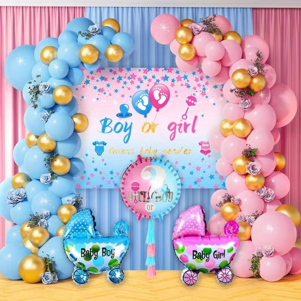 Set complet de decorațiuni pentru petrecerea de Gender Reveal, incluzând o arcadă din baloane roz, bleu și aurii, un banner central cu mesajul Boy or girl, un balon rotund din folie accesorizat cu ciucuri și două baloane din folie sub formă de cărucioare Baby Boy bleu și Baby Girl roz