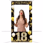 Panou foto vertical din material textil de culoare neagra cu un decupaj central pentru fotografii decorat cu numarul 18 cu aspect de diamante textul Happy Birthday si baloane aurii si albe