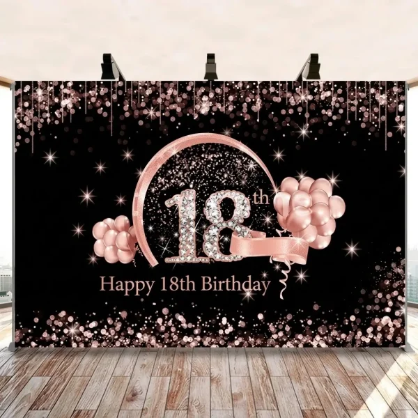 Panou foto orizontal din material textil de culoare neagra imprimat cu numarul 18 cu aspect de diamante textul Happy 18th Birthday baloane si efecte de sclipici rose gold