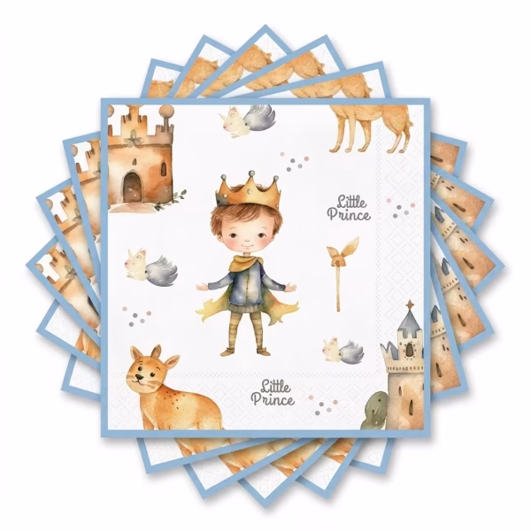 Set de servetele de masa cu design in stil acuarela ilustrand personajul Micul Print purtand o coroana alaturi de o vulpe, un castel si textul Little Prince, totul incadrat de o bordura albastru deschis