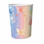 set 8 pahare fluturi si flori 200 ml Set de 8 pahare din carton pentru petrecere, capacitate 200 ml. Design vesel pe un fundal cu dungi verticale in nuante pastel tip curcubeu, decorat cu fluturi multicolori si floricele mici.