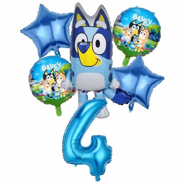 Set format din 6 baloane din folie incluzand cifra 4 uriasa de culoare albastra metalizat un balon figurina cu Bluey doua baloane rotunde cu familia de catelusi si doua baloane in forma de stea albastru intens