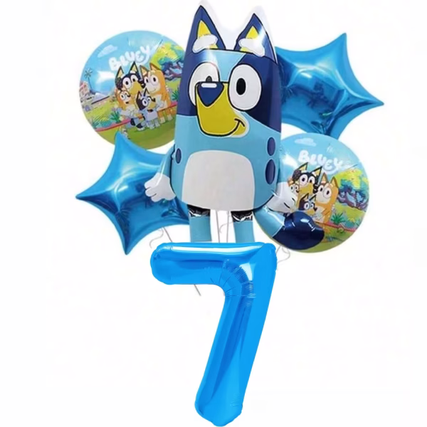 Set format din 6 baloane din folie incluzand cifra 7 uriasa de culoare albastra metalizat un balon figurina cu Bluey doua baloane rotunde cu familia de catelusi si doua baloane in forma de stea albastru intens
