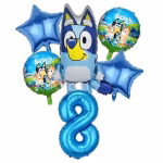 Set format din 6 baloane din folie incluzand cifra 8 uriasa de culoare albastra metalizat un balon figurina cu Bluey doua baloane rotunde cu familia de catelusi si doua baloane in forma de stea albastru intens