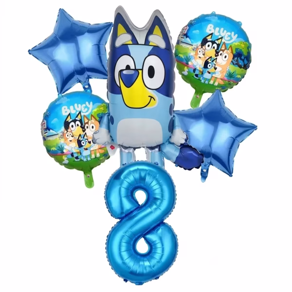 Set format din 6 baloane din folie incluzand cifra 8 uriasa de culoare albastra metalizat un balon figurina cu Bluey doua baloane rotunde cu familia de catelusi si doua baloane in forma de stea albastru intens