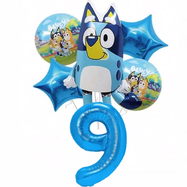 Set format din 6 baloane din folie incluzand cifra 9 uriasa de culoare albastra metalizat un balon figurina cu Bluey doua baloane rotunde cu familia de catelusi si doua baloane in forma de stea albastru intens