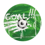 Farfurie din carton verde decorata cu o minge de fotbal linii de marcaj si textul goal scris cu efect de vopsea alba