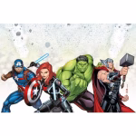 Fata de Masa Party Avengers Fata de masa pentru petreceri din plastic cu tematica Marvel Avengers, avand un centru cu aspect de piatra si marginile imprimate cu supereroii Captain America, Black Widow, Hulk si Thor.