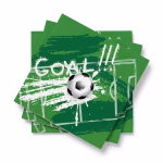 Set de servetele de masa cu design tematic fotbal pe fundal verde ilustrand o minge alb-negru un teren conturat si mesajul GOAL scris cu efect de vopsea alba