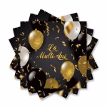 Set de servetele de masa cu fundal negru ilustrand mesajul elegant La Multi Ani inconjurat de baloane aurii cu sclipici baloane albe si negre alaturi de panglici de confetti auriu