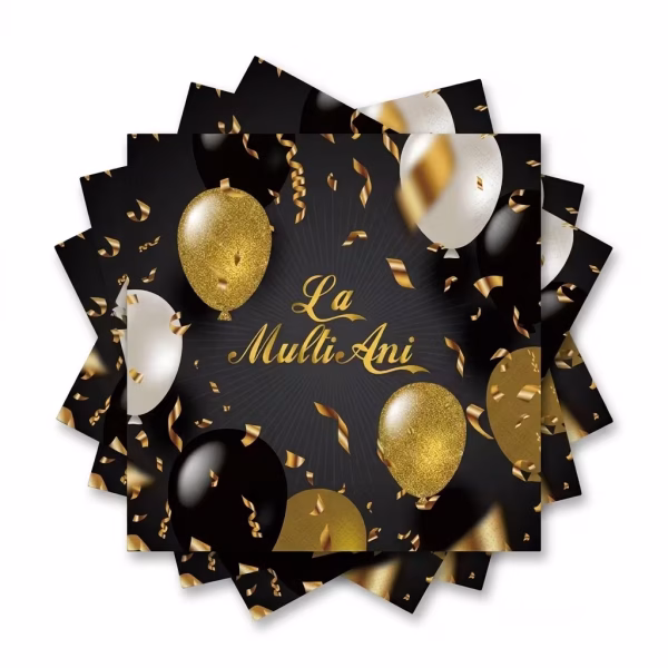 Set de servetele de masa cu fundal negru ilustrand mesajul elegant La Multi Ani inconjurat de baloane aurii cu sclipici baloane albe si negre alaturi de panglici de confetti auriu