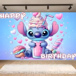 Background Textil Premium Stitch Happy Birthday 160x100 cm - COD 483B Background textil premium pentru arcada cu personajul Stitch dulciuri pastelate si mesajul Happy Birthday.