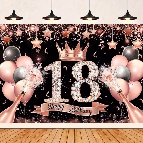 Mockup cu un background majorat panou foto textil pentru 18 ani ilustrand numarul 18 acoperit cu diamante o coroana rose gold sticle de sampanie si baloane pe un fundal negru elegant.