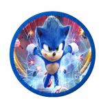 Set 10 Farfurii Carton Sonic The Hedgehog Farfurie desert din carton pentru petrecere, diametru 18 cm, ilustrandu-l pe faimosul personaj Sonic the Hedgehog in plina actiune la super viteza, inconjurat de fulgere, cu o margine albastra.
