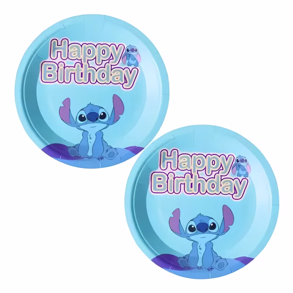 Set 10 Farfurii Carton Stitch Happy Birthday Set de farfurii desert din carton pentru petrecere, diametru 18 cm, de culoare bleu, imprimate cu simpaticul personaj Stitch si mesajul festiv Happy Birthday.