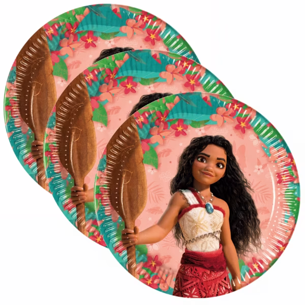 Farfurii din carton cu imprimeu Moana ilustrand personajul Disney cu vasla pe un fundal cald decorat cu frunze verzi si flori exotice
