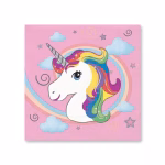 Set 20 Servetele Unicorn Roz 33x33 cm Set de 20 de servetele de masa din hartie asezate in teanc, cu imprimeu magic unicorn si curcubeu pe un fundal roz.
