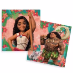 Servetele din hartie cu imprimeu Moana Vaiana ilustrand eroina Disney alaturi de Maui si Pua pe un fundal tropical decorat cu flori exotice si frunze de palmier