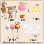 set 28 toppere tort 3D ursulet balon aer cald roz norisori stele bile aurii decoratiuni botez fete prima aniversare candy bar baby shower
