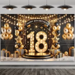 background textil majorat 18 ani Mockup cu un background textil pentru panou foto de majorat, ilustrand numarul 18 luminos, baloane aurii si negre, cadouri de lux si mesajul Happy 18th Birthday pe un fundal elegant negru.