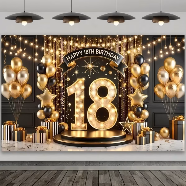 background textil majorat 18 ani Mockup cu un background textil pentru panou foto de majorat, ilustrand numarul 18 luminos, baloane aurii si negre, cadouri de lux si mesajul Happy 18th Birthday pe un fundal elegant negru.