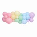 Ghirlanda din baloane asamblata in culori de roz pastel galben pastel turcuaz albastru si lila pastel