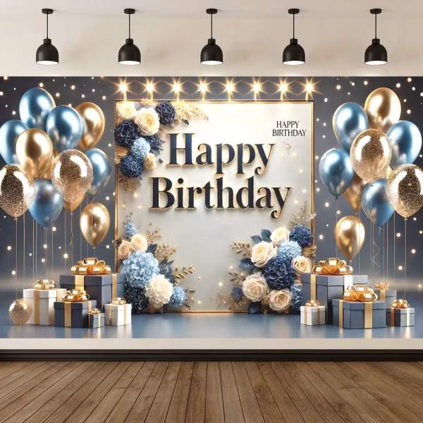 Mockup cu un background textil happy birthday pentru panou foto ilustrand textul Happy Birthday incadrat de flori baloane albastre si aurii si cadouri elegante pe un fundal cu lumini ambientale