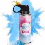 Spray pentru gender reveal cu ambalaj neutru decorat cu textul Boy or Girl prevazut cu maner negru de tip extinctor si siguranta galbena langa o pudra albastra