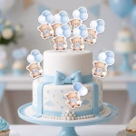 Set 12 Toppere Tort Ursulet Albastru cu Baloane Carton 8 cm set 12 toppere tort ursulet albastru baloane carton decoratiuni botez baiat prima aniversare teddy bear candy bar cupcakes