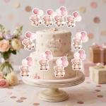 Set 12 Toppere Tort Ursulet Roz cu Baloane Carton 8 cm