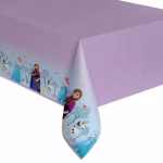 Fata de masa cu imprimeu tematic ilustrand personajele Disney Elsa Anna si Olaf intr un peisaj de iarna pe margini avand partea superioara mov deschis