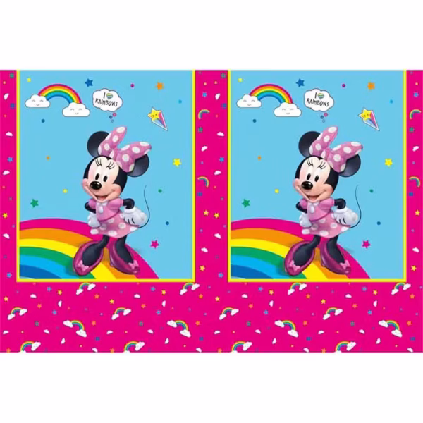 Fata de Masa Party Minnie Rainbow Fata de masa pentru petreceri din plastic cu tematica Minnie Mouse Rainbow, avand o grafica roz vibranta cu stelute, mici curcubee si simpatica Minnie asezata pe un curcubeu urias.