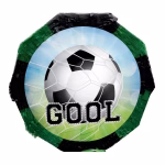 pinata minge fotbal gool Pinata de carton pentru petreceri, design cu minge de fotbal, plasa de poarta si textul GOOL, marginita de franjuri verzi si negre.