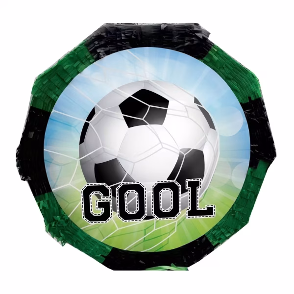 pinata minge fotbal gool Pinata de carton pentru petreceri, design cu minge de fotbal, plasa de poarta si textul GOOL, marginita de franjuri verzi si negre.