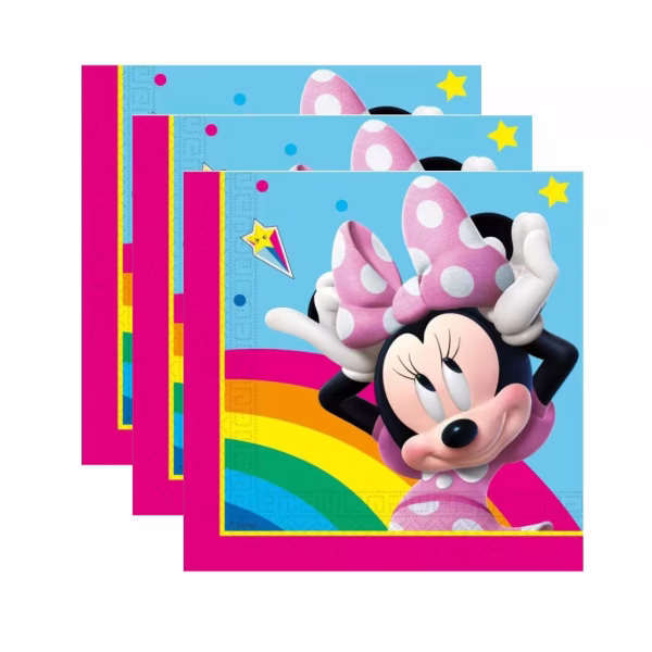 Servetel de masa din hartie ilustrand o pe Minnie Mouse zambind cu o funda roz cu buline alaturi de un curcubeu pe fundal albastru