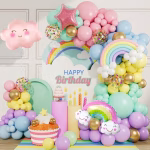 set ghirlanda baloane curcubeu Decor de petrecere cu un set ghirlanda baloane curcubeu in nuante pastelate, accesorizat cu baloane din folie norisor si stea.