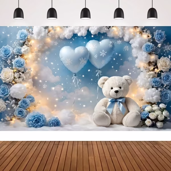 Background Textil Premium Urs si Baloane Albastre 210x130 cm - COD 527B Background textil premium pentru arcada cu ursulet de plus alb, trandafiri albastri si baloane inima pentru botez baiat.