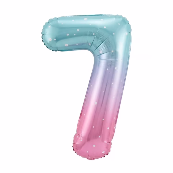 Balon din folie in forma de cifra 7 cu gradient de culori bleu mov si roz decorat cu buline albe