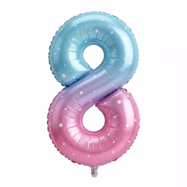 Balon din folie in forma de cifra 8 cu gradient de culori bleu mov si roz decorat cu buline albe