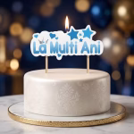 Lumanare aprinsa cu mesajul La Multi Ani albastru asezata in varful unui tort alb elegant cu modele damasc in relief