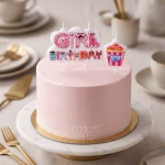 Lumanari cu mesajul Girl Birthday si figurina cupcake asezate pe un tort roz minimalist decorat cu zahar la baza