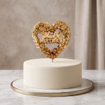 Lumanare in forma de inima aurie cu textul La Multi Ani asezata pe un tort alb minimalist elegant