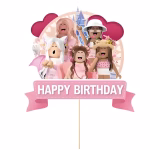 Detalii grafice topper tort Roblox Girl din carton cu mesajul Happy Birthday, inimi roz si avatare feminine Roblox.